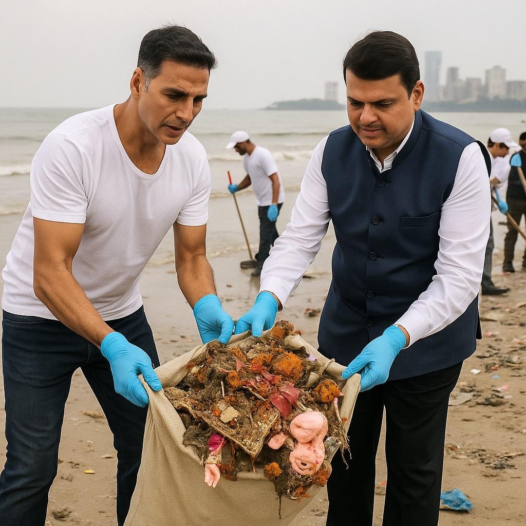 Akshay Kumar Joins Ganesh Visarjan Beach Cleanliness Drive With CM Devendra Fadnavis